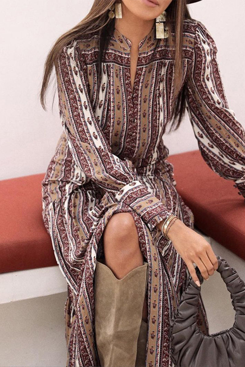 AD | Fashionable Print Patchwork Tangerine Collar Printed Dress Klänningar