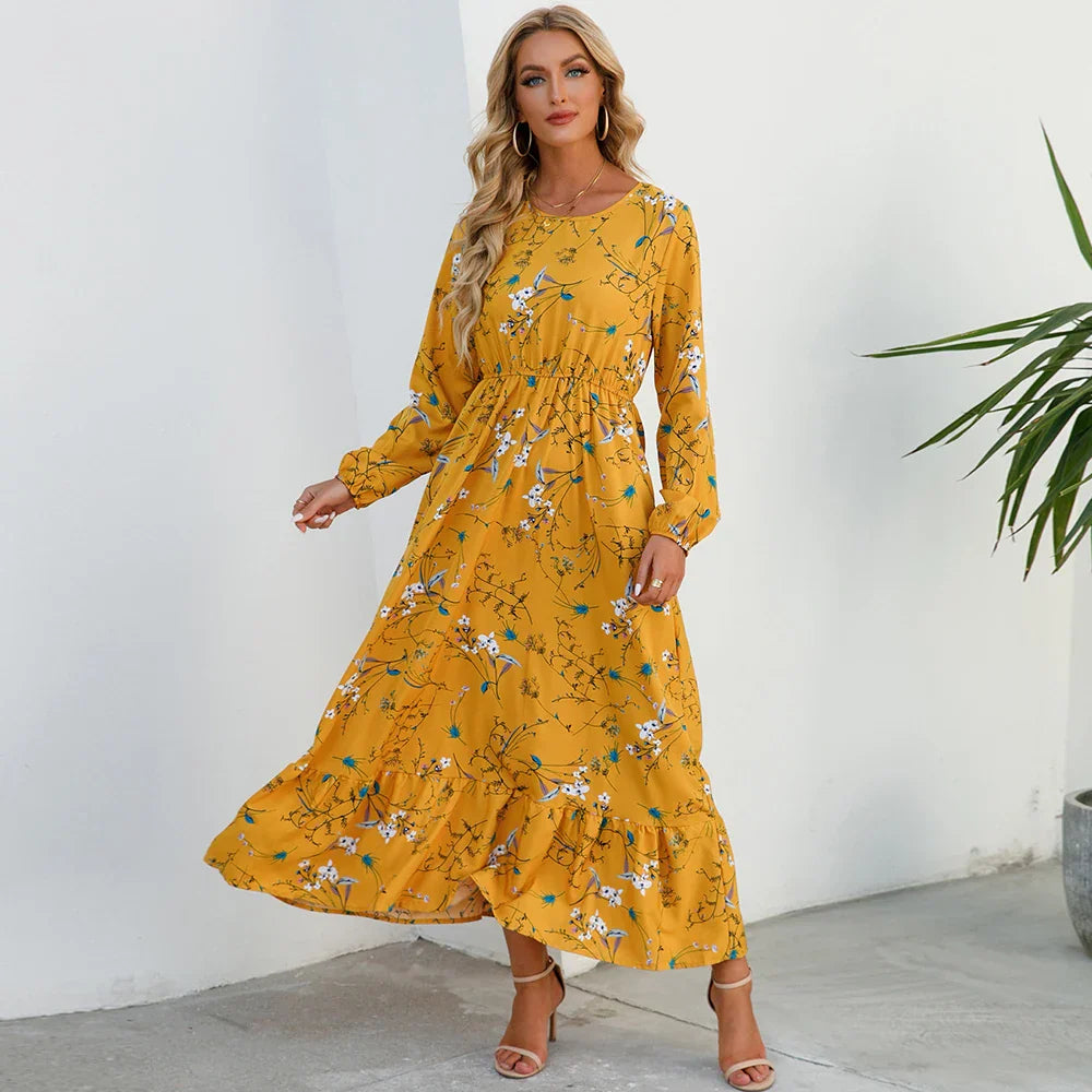 AD | Bohemiska kvinnor Maxi Casual Långärmad Chiffong Midiklänningar med hög midja