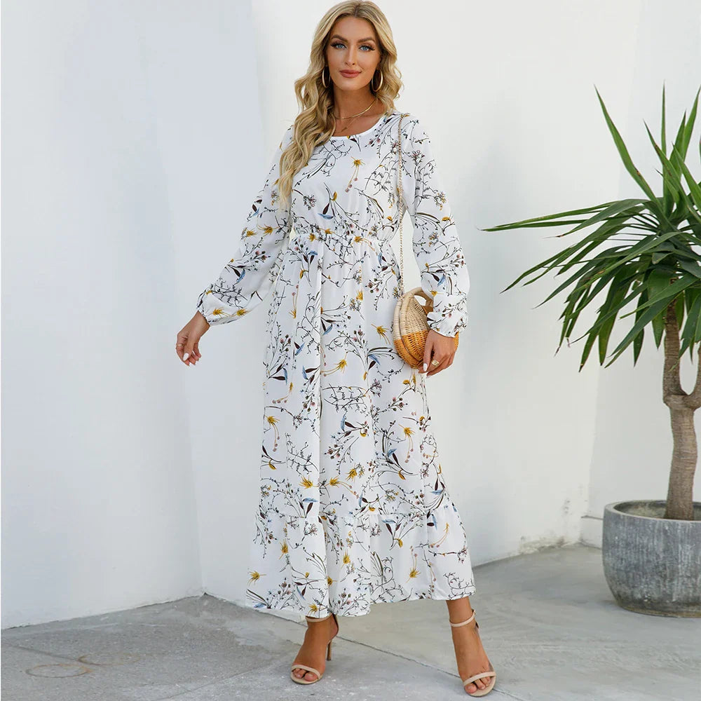 AD | Bohemiska kvinnor Maxi Casual Långärmad Chiffong Midiklänningar med hög midja