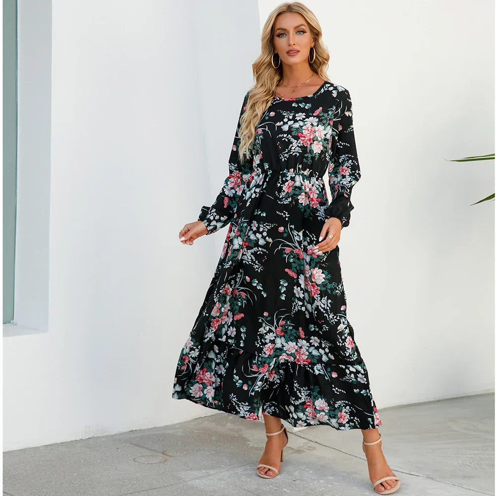 AD | Bohemiska kvinnor Maxi Casual Långärmad Chiffong Midiklänningar med hög midja