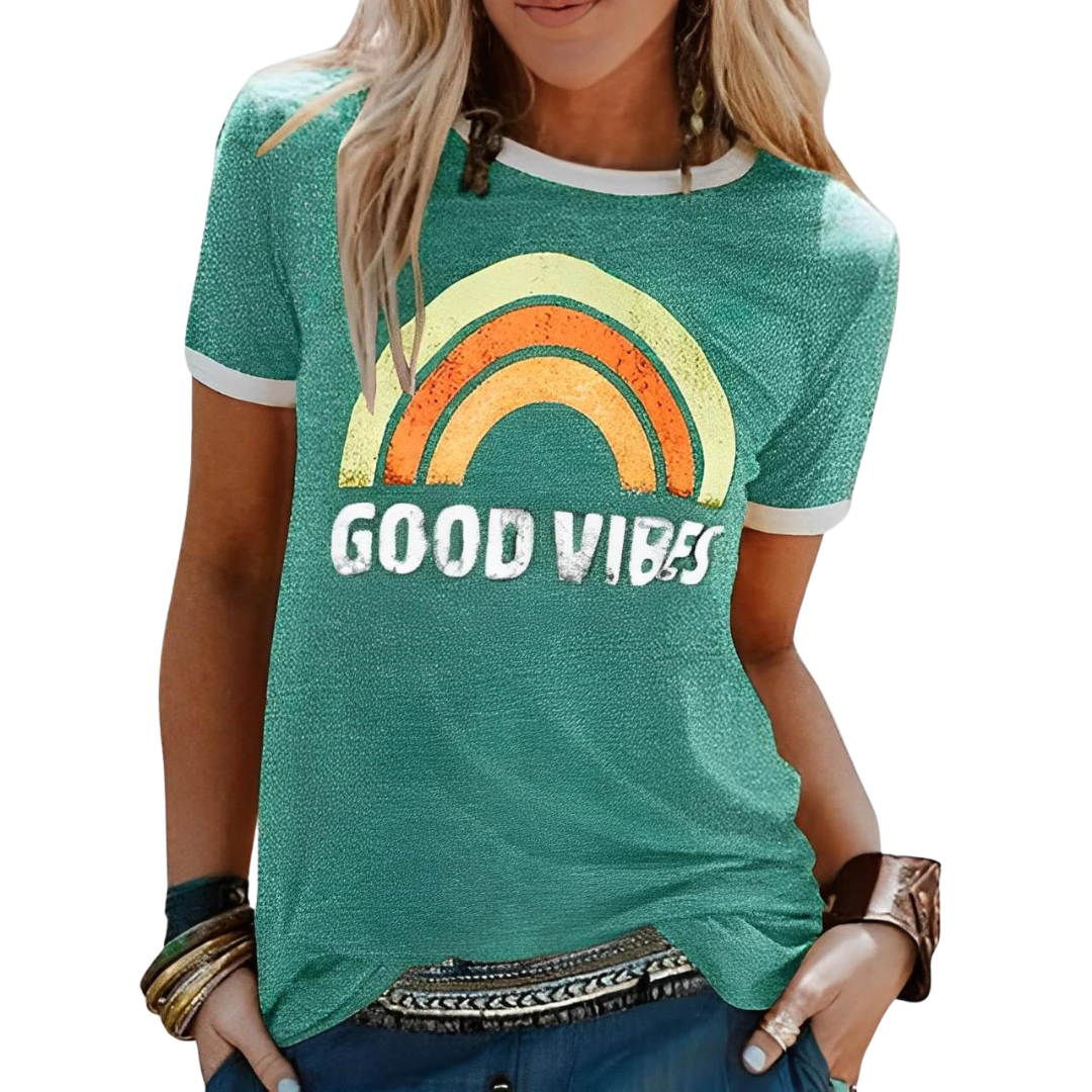 AD | Elegant retro regnbågsfärgad Good Vibes T-shirt