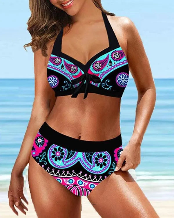 AD | Plus Size Vintage Blomstertryck Spets Upp Halter V-Neck Sexig Bikini Set