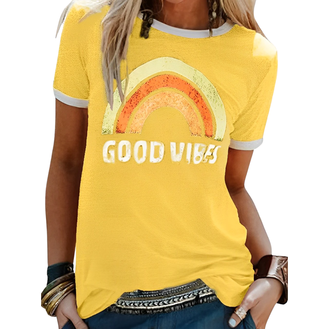 AD | Elegant retro regnbågsfärgad Good Vibes T-shirt