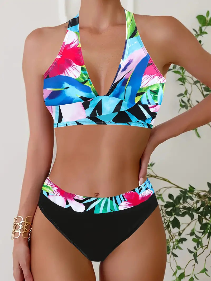 AD | Snyggt slumpmässigt tryck Halter Kors Bikini