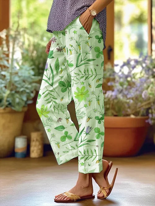 AD | Blommig design för kvinnor Lösa fickor med patchwork och avslappnade byxor