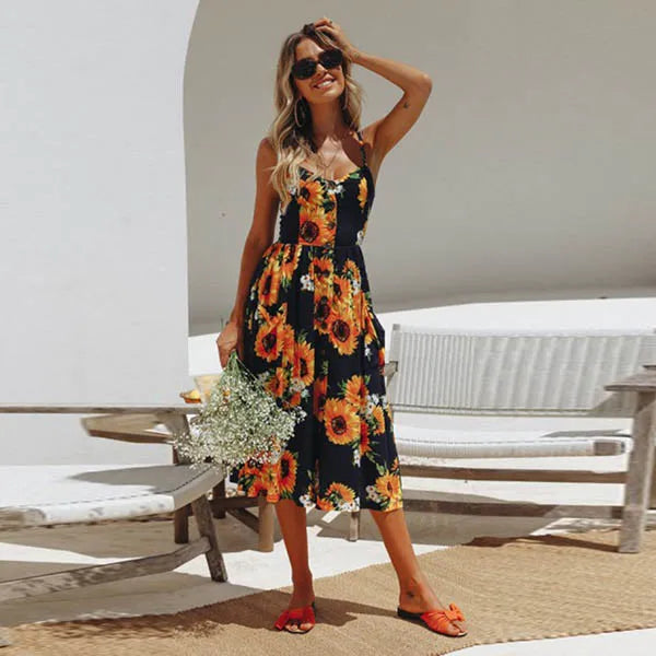 AD | Print Braces Robe V-Neck Seeveless Ladies Vestiti Donna Midiklänningar