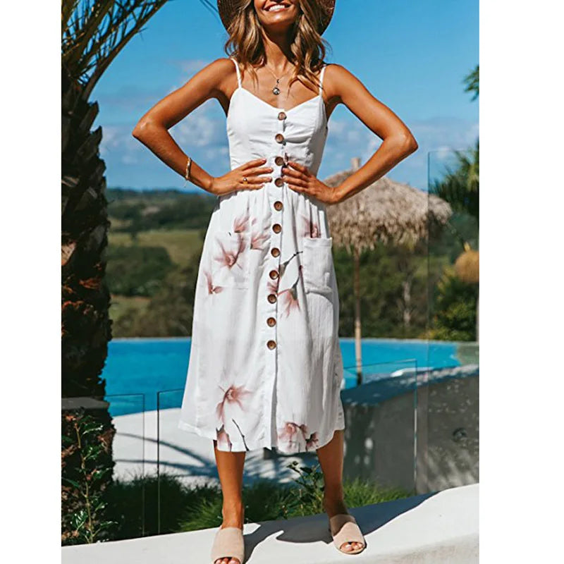 AD | Print Braces Robe V-Neck Seeveless Ladies Vestiti Donna Midiklänningar