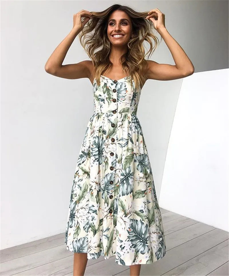 AD | Print Braces Robe V-Neck Seeveless Ladies Vestiti Donna Midiklänningar