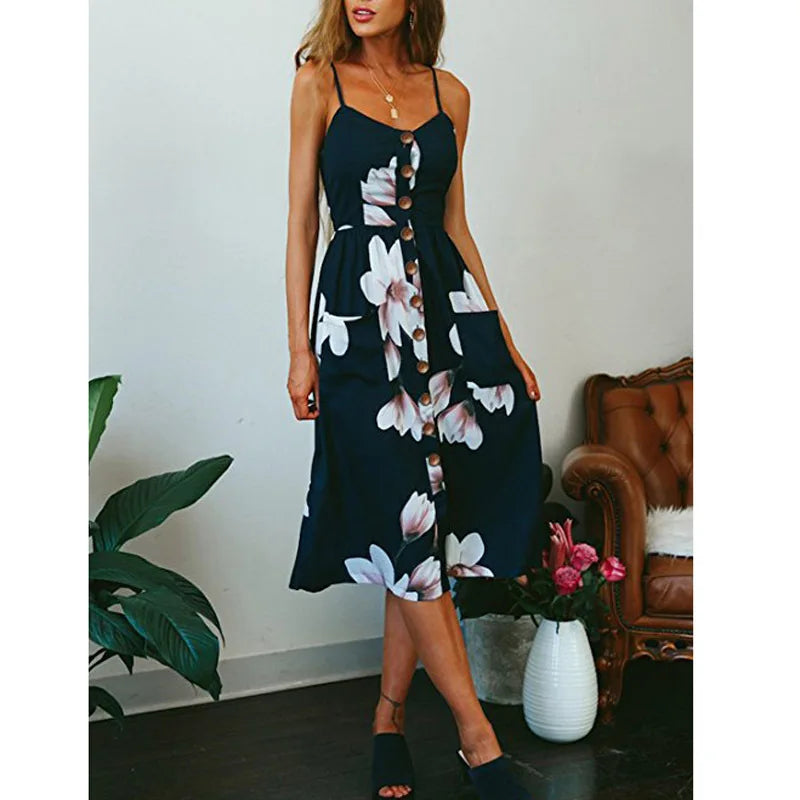 AD | Print Braces Robe V-Neck Seeveless Ladies Vestiti Donna Midiklänningar