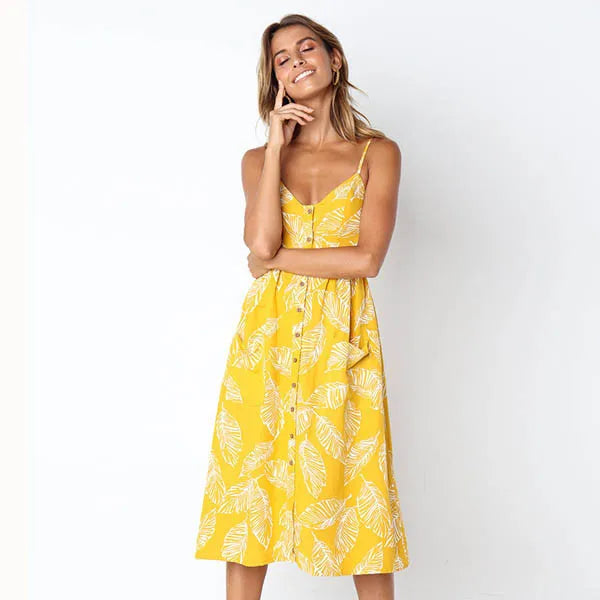 AD | Print Braces Robe V-Neck Seeveless Ladies Vestiti Donna Midiklänningar