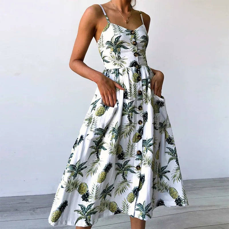 AD | Print Braces Robe V-Neck Seeveless Ladies Vestiti Donna Midiklänningar