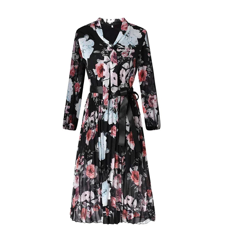 AD | Floral Casual Deep V-Neck Green Pleated Office Femme Midiklänningar