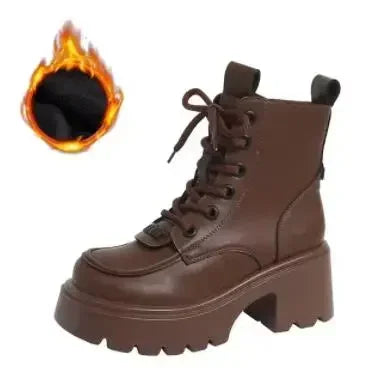 7CM New Winter Women Warm Snow Shoes Round Toe Chunky Heels Ankle Boots High Platform Leather Shoes for Women Combat Short Boots