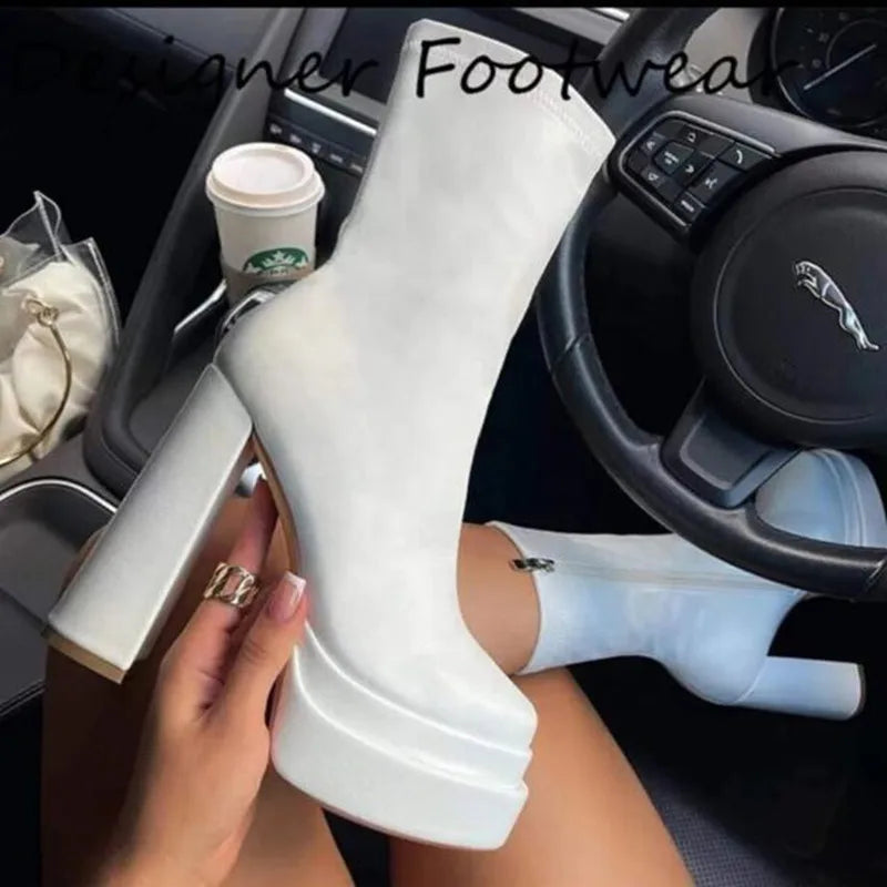 2025 New High-heeled 8cm Waterproof Platform Thick-soled Plus Size Short Boots Side Zipper Thin Boots Ladies Black Knight Boots