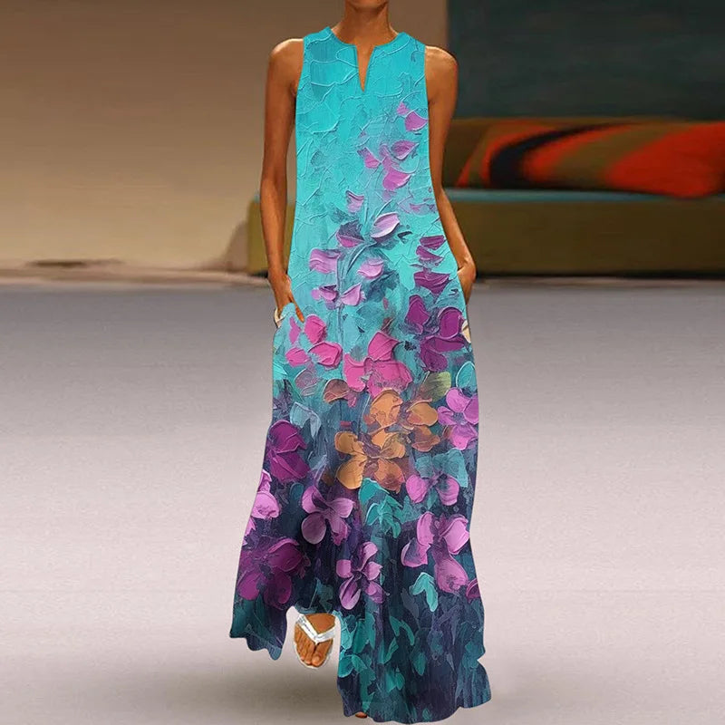 AD | 2025 Sommar Ny Vintage Blomstertryckt Långklänning Kvinnor Mode V-Hals Lös Ärmlös Klänning Avslappnad Pendling Vestidos Kvinna
