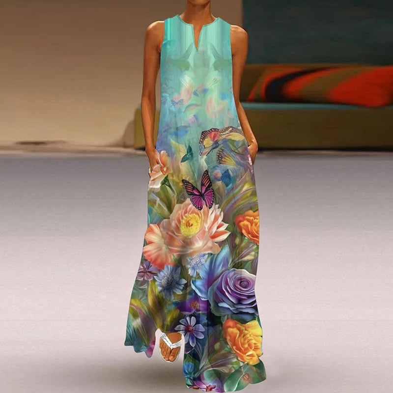 AD | 2025 Sommar Ny Vintage Blomstertryckt Långklänning Kvinnor Mode V-Hals Lös Ärmlös Klänning Avslappnad Pendling Vestidos Kvinna