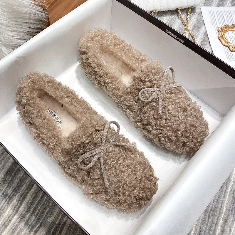 2025 Women's Plush Cotton Shoes for Autumn and Winter Wear Flat Shoes with Lamb Wool and Velvet Butterfly Knot Bean Single Shoes