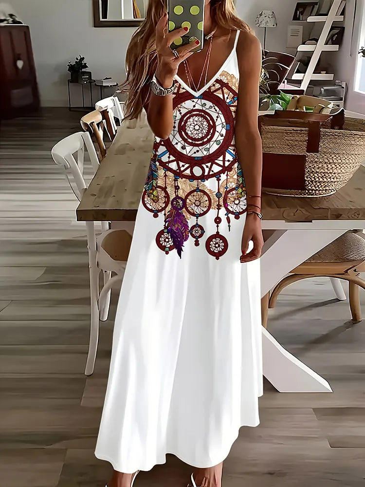 AD | 2024 Ny Vintage Etnisk Print Ladies Elegant Klänning Sommar Ladies Casual Ärmlös Klänning Street Fashion Ladies Lång Klänning