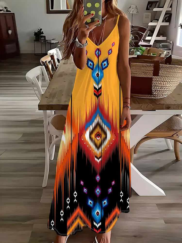 AD | 2024 Ny Vintage Etnisk Print Ladies Elegant Klänning Sommar Ladies Casual Ärmlös Klänning Street Fashion Ladies Lång Klänning