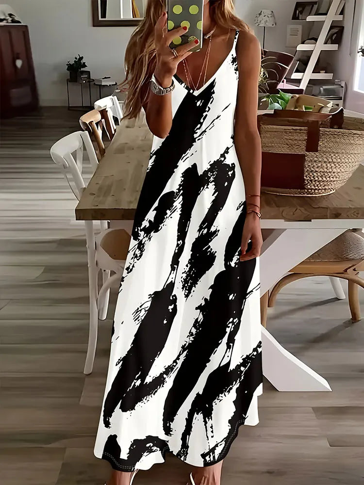 AD | 2024 Ny Vintage Etnisk Print Ladies Elegant Klänning Sommar Ladies Casual Ärmlös Klänning Street Fashion Ladies Lång Klänning