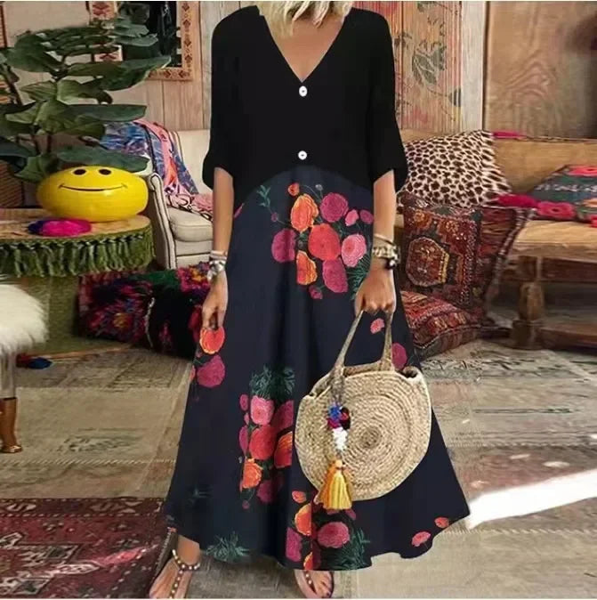 AD | 2025 Spring Oversize Women's Long Dress Print V-Neck Short Sleeve Button Loose A-Line Dresses Female Casual Elegant Women's Clothing
