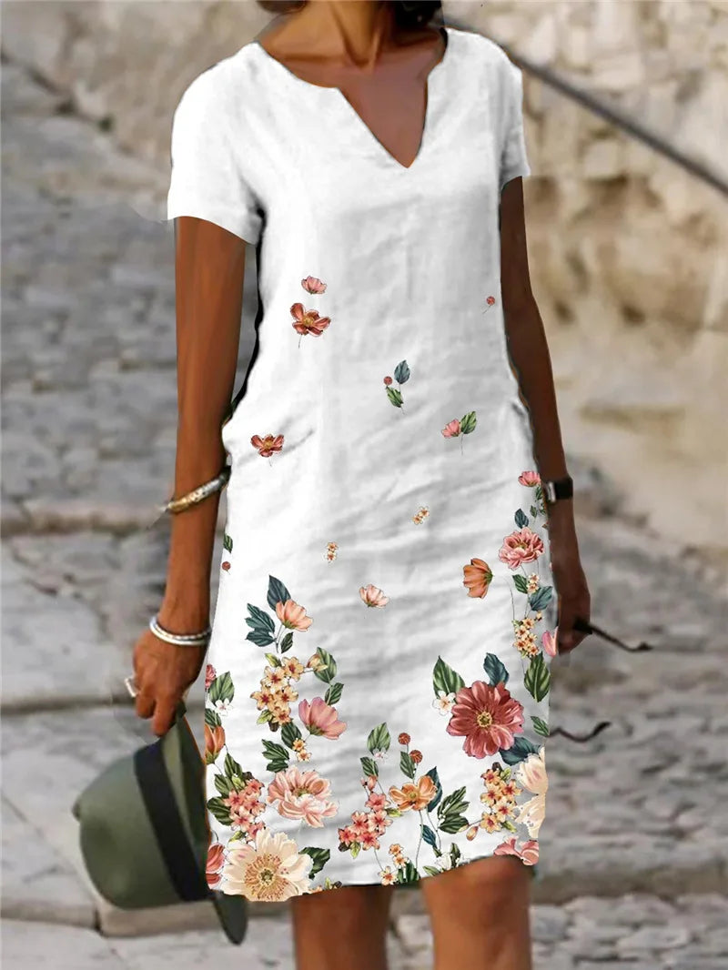 AD | 2024 Sommar Elegant Damklänning Oversize Tryckt V-Neck Klänningar Kvinna Vår Trendy Beach Mode Casual Lösa Kläder Damer