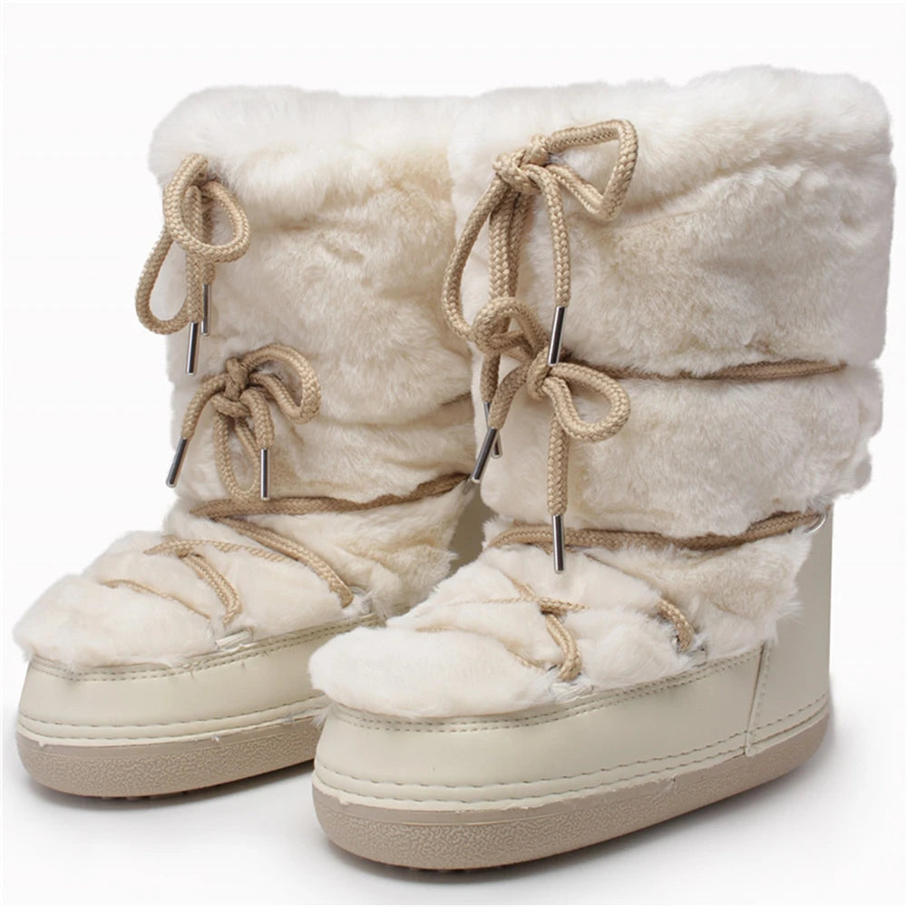 2025 Winter White Mid-calf Boots Women Fur Boots Brand Luxury Fluffy Fur Snow Boots Female Thick Fur Non-slip Cotton Boots