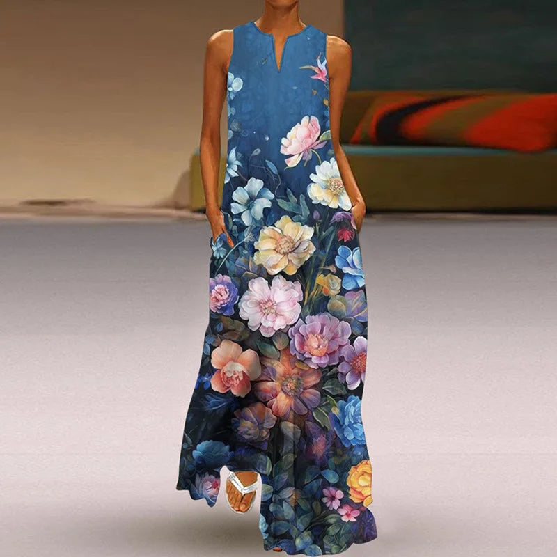 AD | 2025 Sommar Ny Vintage Blomstertryckt Långklänning Kvinnor Mode V-Hals Lös Ärmlös Klänning Avslappnad Pendling Vestidos Kvinna