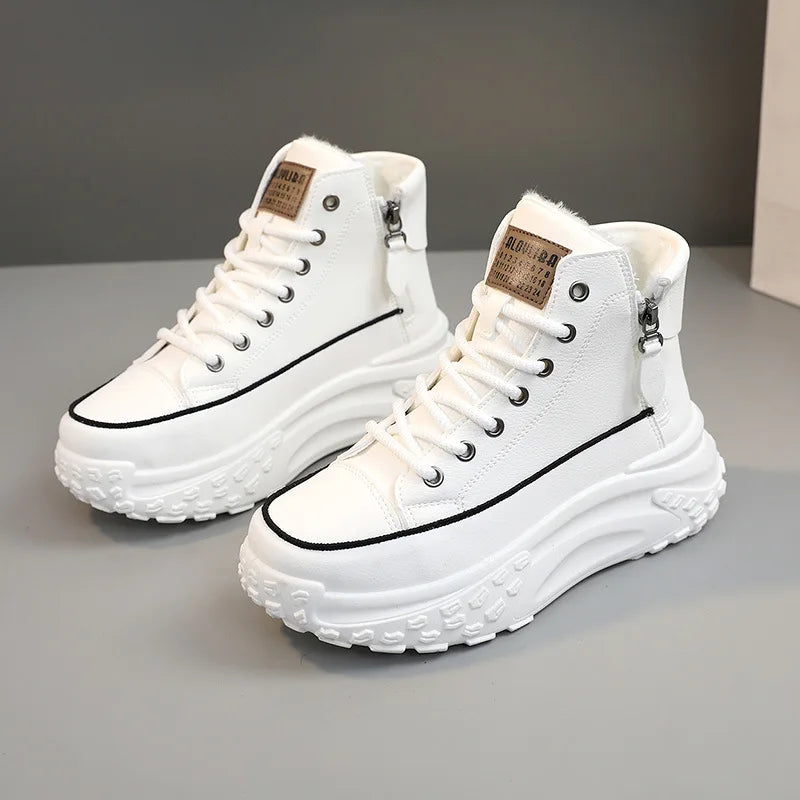 Double Zipper Chunky Sneakers Women 2024 Winter Thick Plush Warm Vulcanize Shoes Woman Fashion PU Leather Platform Sports Shoes