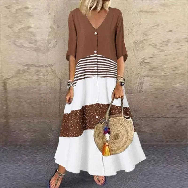 AD | 2025 Spring Oversize Women's Long Dress Print V-Neck Short Sleeve Button Loose A-Line Dresses Female Casual Elegant Women's Clothing