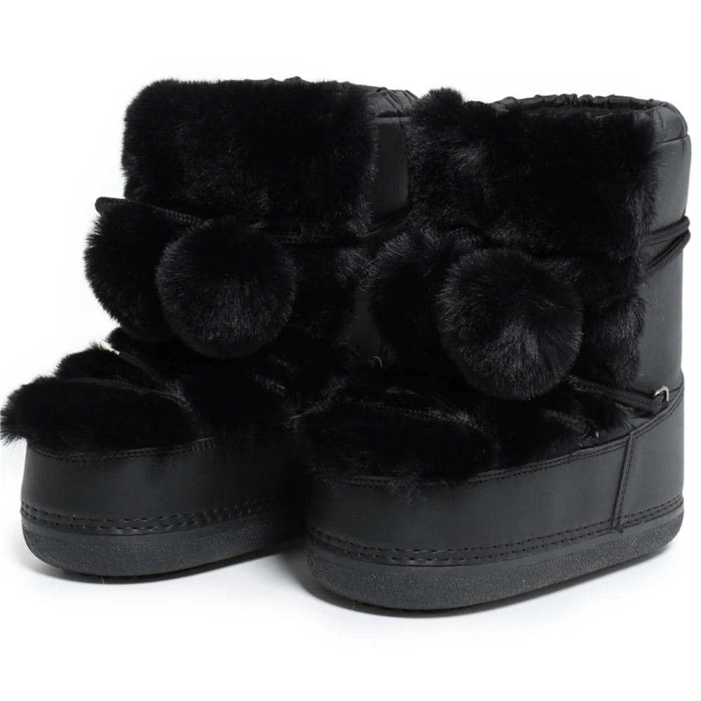 2025 Winter White Mid-calf Boots Women Fur Boots Brand Luxury Fluffy Fur Snow Boots Female Thick Fur Non-slip Cotton Boots