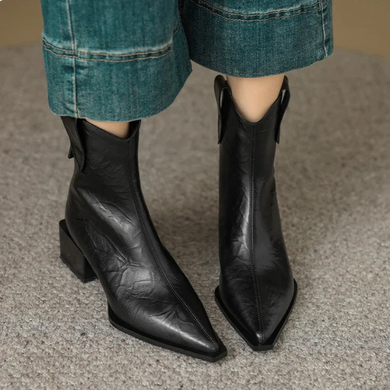 2025 Pointed Toe Women Western Cowgirl Boots Fashion Slip on Chelsea Booties Retro Style Autumn Female Thick Heel Shoes Heel 5CM