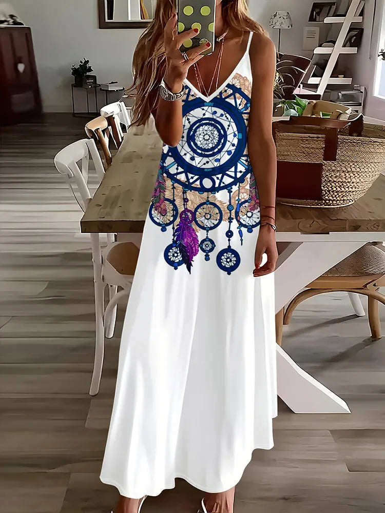 AD | 2024 Ny Vintage Etnisk Print Ladies Elegant Klänning Sommar Ladies Casual Ärmlös Klänning Street Fashion Ladies Lång Klänning