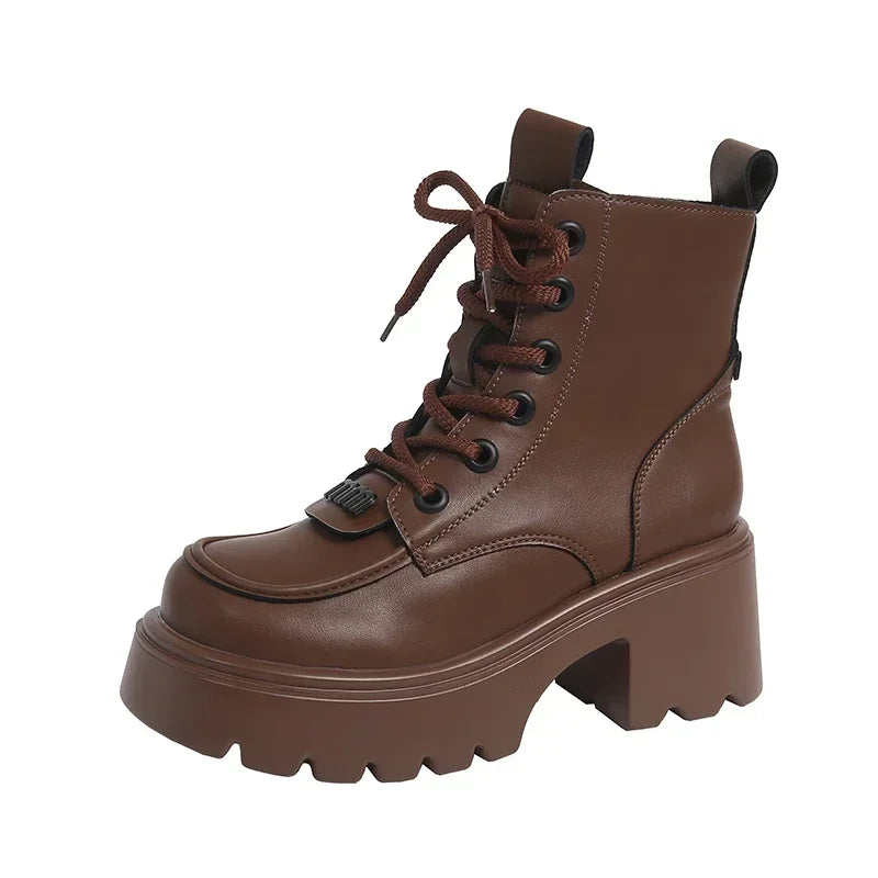 7CM New Winter Women Warm Snow Shoes Round Toe Chunky Heels Ankle Boots High Platform Leather Shoes for Women Combat Short Boots