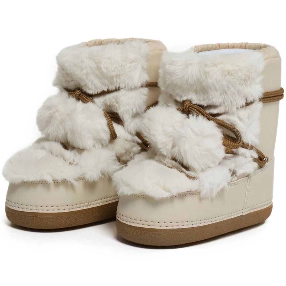 2025 Winter White Mid-calf Boots Women Fur Boots Brand Luxury Fluffy Fur Snow Boots Female Thick Fur Non-slip Cotton Boots