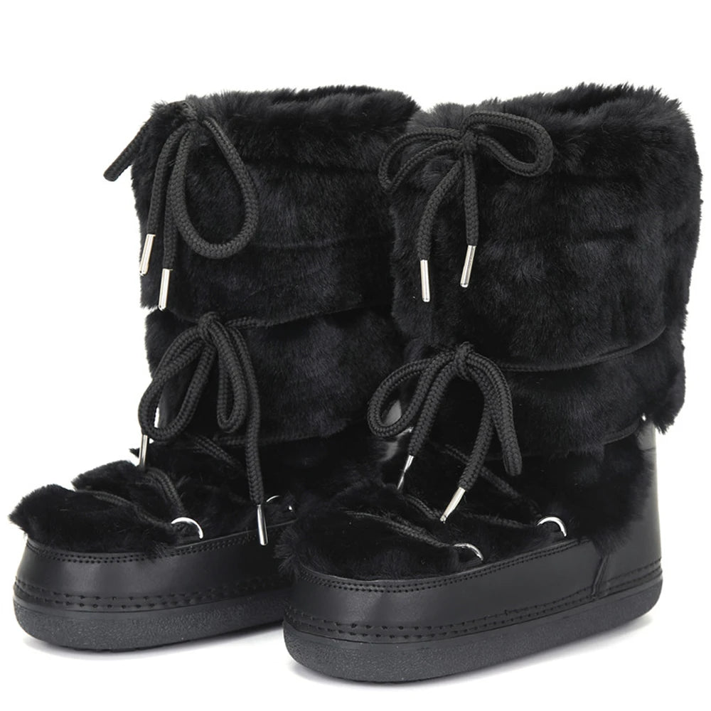 2025 Winter White Mid-calf Boots Women Fur Boots Brand Luxury Fluffy Fur Snow Boots Female Thick Fur Non-slip Cotton Boots