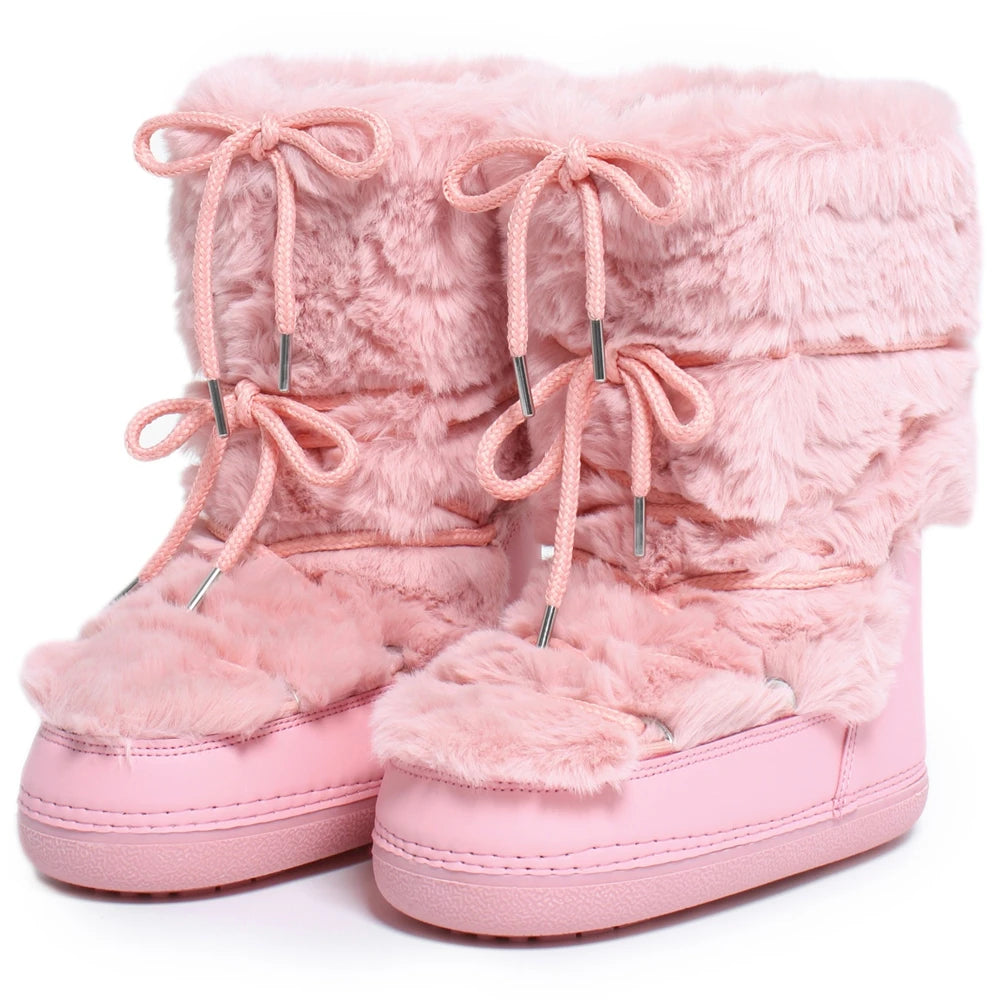 2025 Winter White Mid-calf Boots Women Fur Boots Brand Luxury Fluffy Fur Snow Boots Female Thick Fur Non-slip Cotton Boots