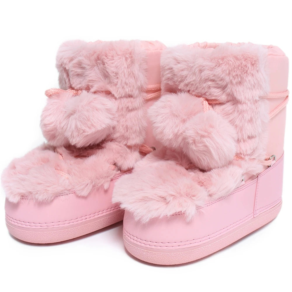 2025 Winter White Mid-calf Boots Women Fur Boots Brand Luxury Fluffy Fur Snow Boots Female Thick Fur Non-slip Cotton Boots