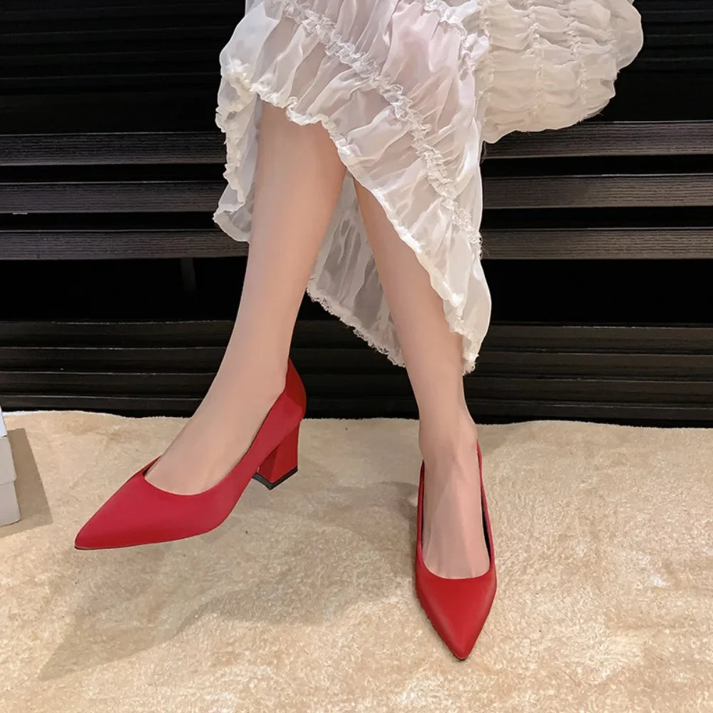 6.5cm Square Heels Patent Leather Red Pumps Shoes Woman Classics Pointed Toe Dress Official Pumps Party Plus Size 35-42