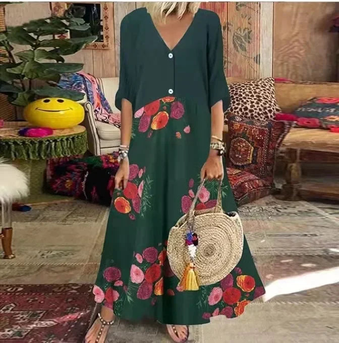 AD | 2025 Spring Oversize Women's Long Dress Print V-Neck Short Sleeve Button Loose A-Line Dresses Female Casual Elegant Women's Clothing