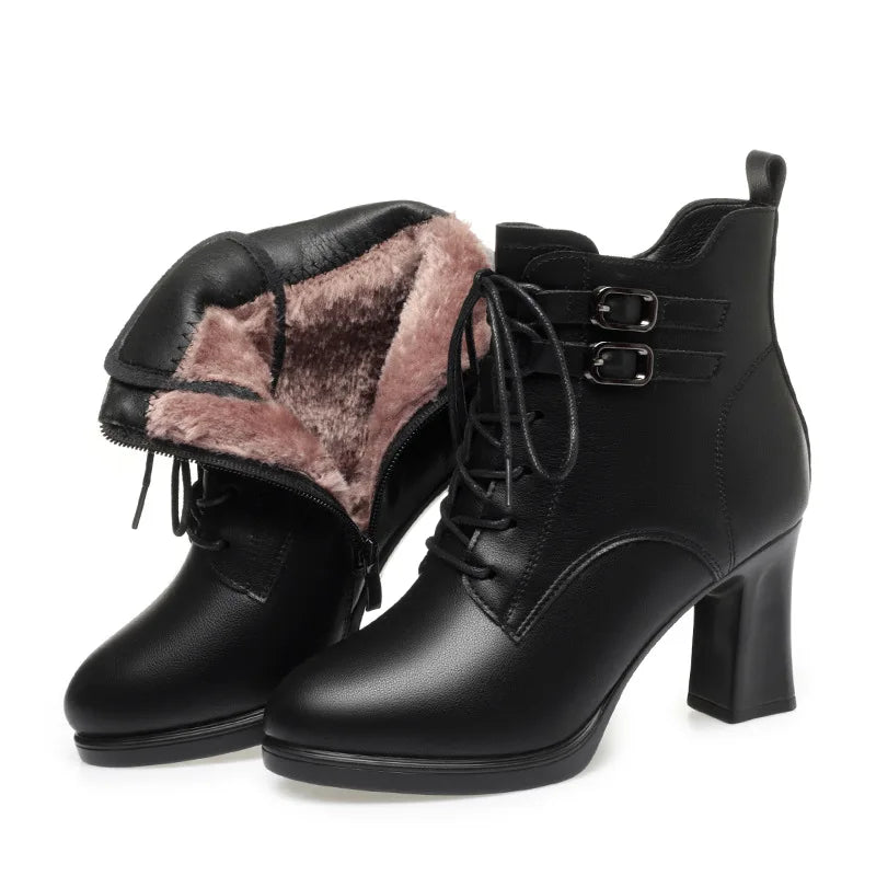7.5cm Double Buckle Block High Heels Boots Platform Shoes Winter 2024 Women's Soft Leather Plush Fur Ankle Boots for Office Mom