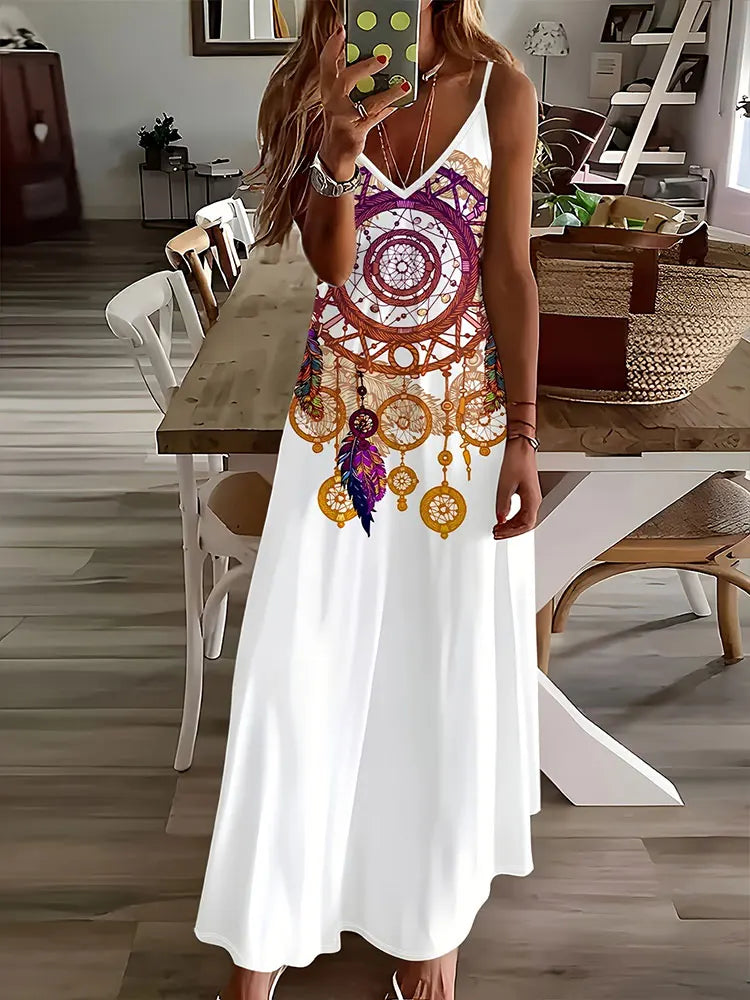 AD | 2024 Ny Vintage Etnisk Print Ladies Elegant Klänning Sommar Ladies Casual Ärmlös Klänning Street Fashion Ladies Lång Klänning