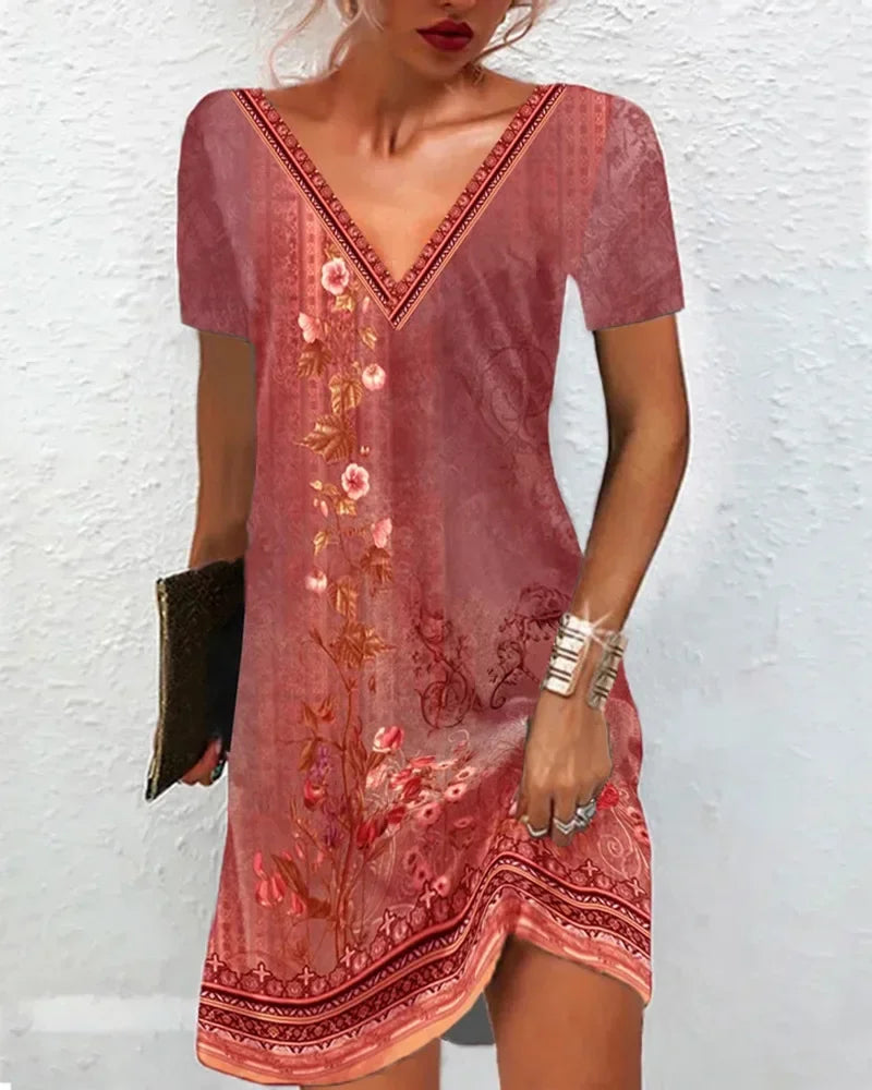 AD | 2024 Sommarklänning för kvinnor Boho V-hals Kortärmad Vintage Print Floral Dress Female Casual Holiday Beach Loose Dresses Vestidos