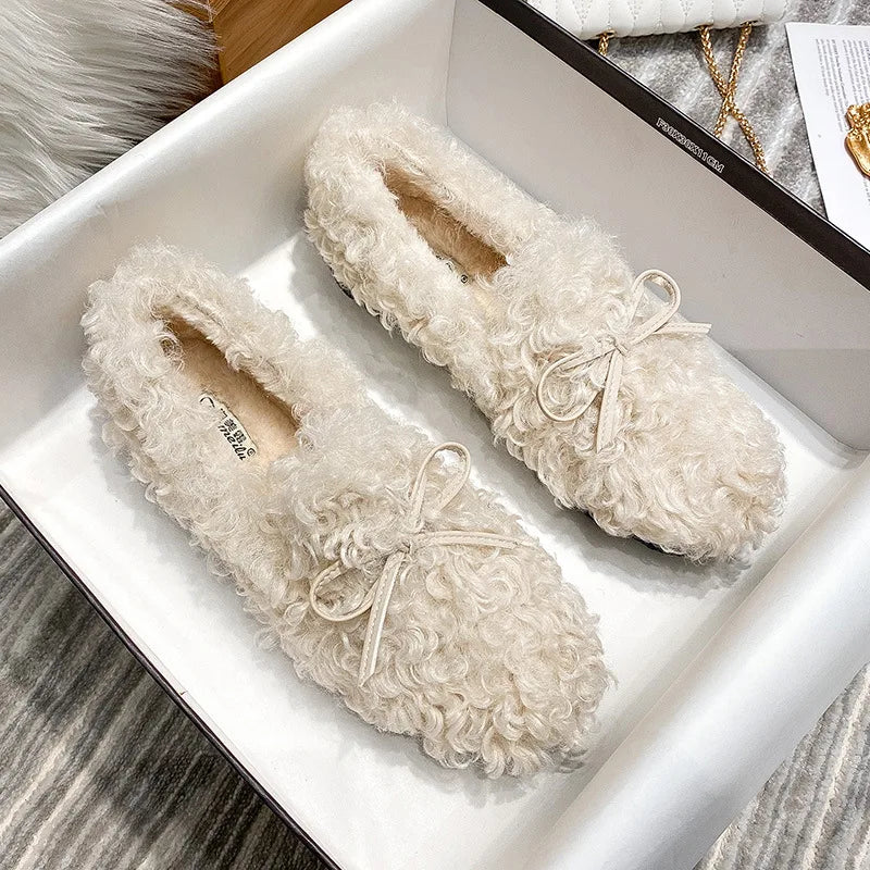 2025 Women's Plush Cotton Shoes for Autumn and Winter Wear Flat Shoes with Lamb Wool and Velvet Butterfly Knot Bean Single Shoes