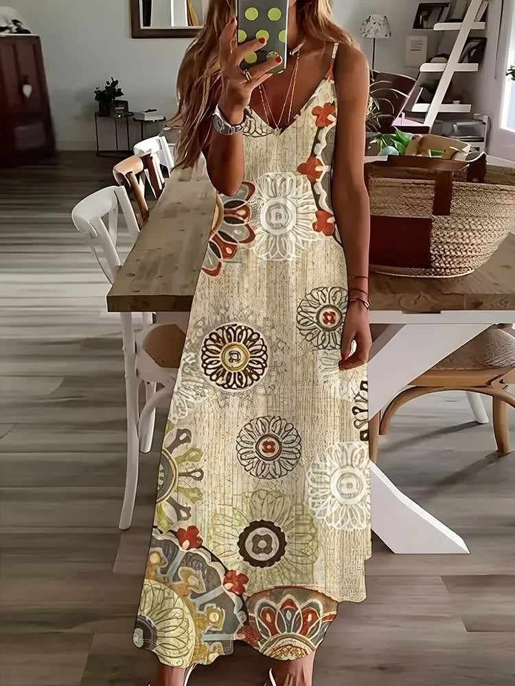 AD | 2024 Ny Vintage Etnisk Print Ladies Elegant Klänning Sommar Ladies Casual Ärmlös Klänning Street Fashion Ladies Lång Klänning