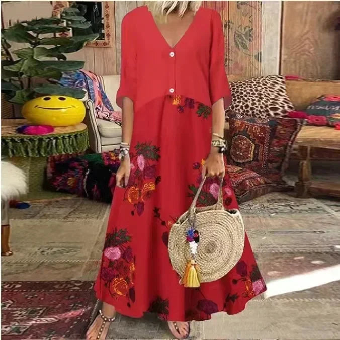 AD | 2025 Spring Oversize Women's Long Dress Print V-Neck Short Sleeve Button Loose A-Line Dresses Female Casual Elegant Women's Clothing