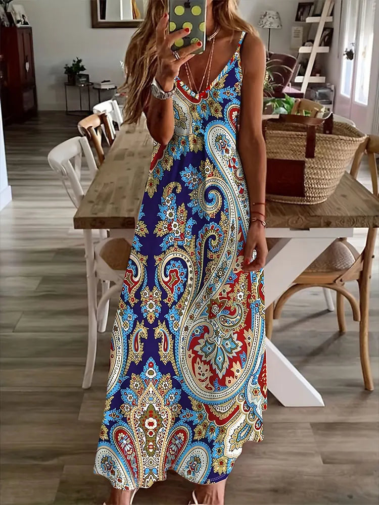 AD | 2024 Ny Vintage Etnisk Print Ladies Elegant Klänning Sommar Ladies Casual Ärmlös Klänning Street Fashion Ladies Lång Klänning