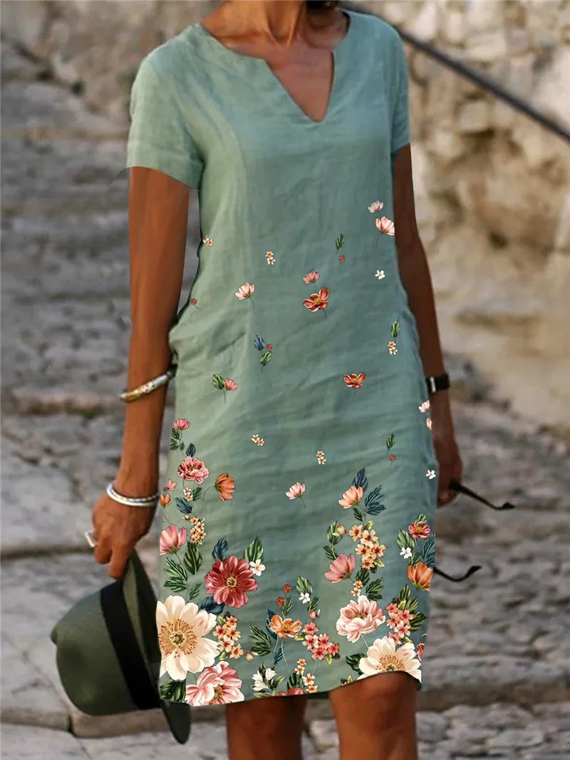 AD | 2024 Sommar Elegant Damklänning Oversize Tryckt V-Neck Klänningar Kvinna Vår Trendy Beach Mode Casual Lösa Kläder Damer