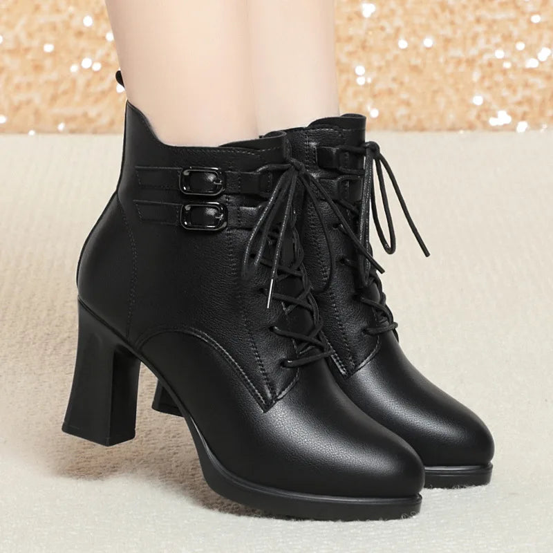 7.5cm Double Buckle Block High Heels Boots Platform Shoes Winter 2024 Women's Soft Leather Plush Fur Ankle Boots for Office Mom