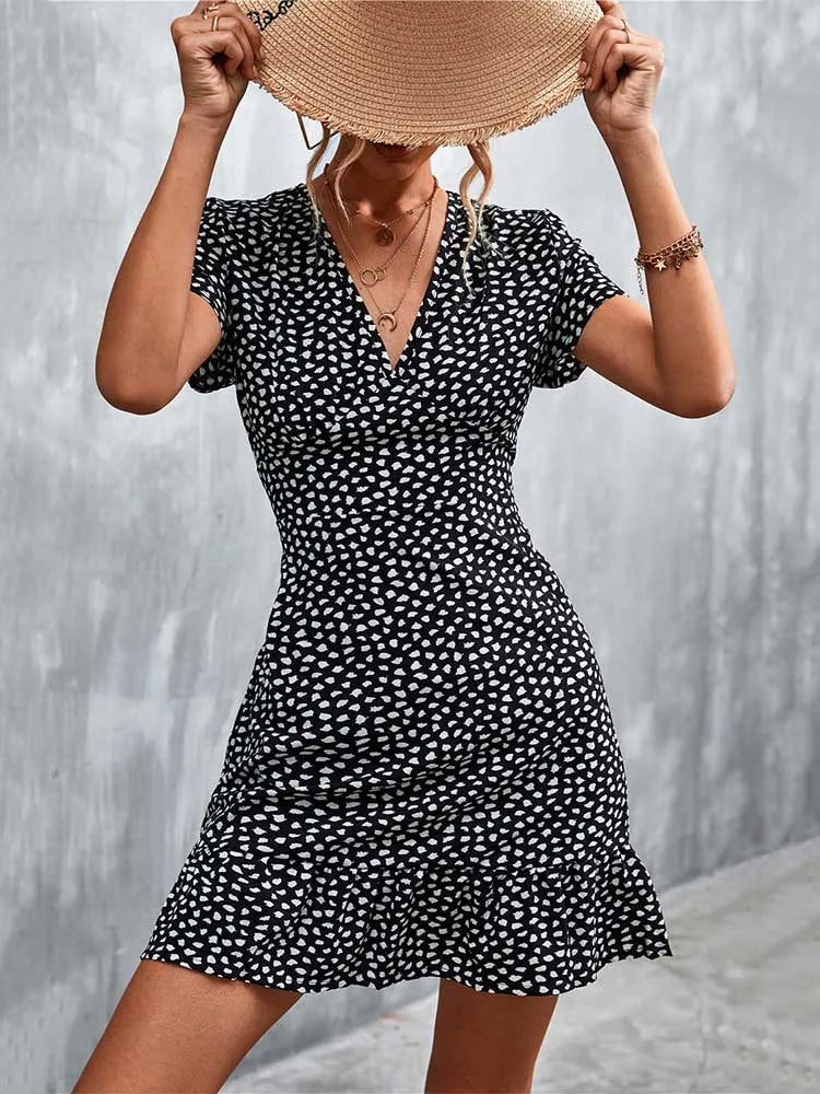 AD | Kort Boho V-Neck Blommor Bohemiska blommor Mini Midiklänningar